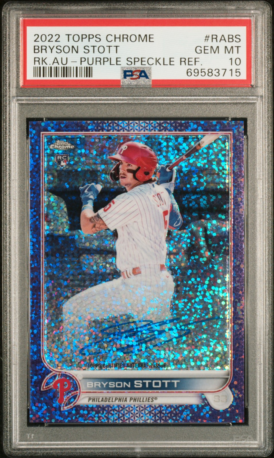 2022 Topps Chrome #RA-BS Bryson Stott Rookie Auto Purple Speckle Ref PSA 10 /299