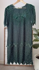 Women's Vintage LAURENCE KAZAR Silk Beaded Sequin Formal Dress Emerald Green Vtg