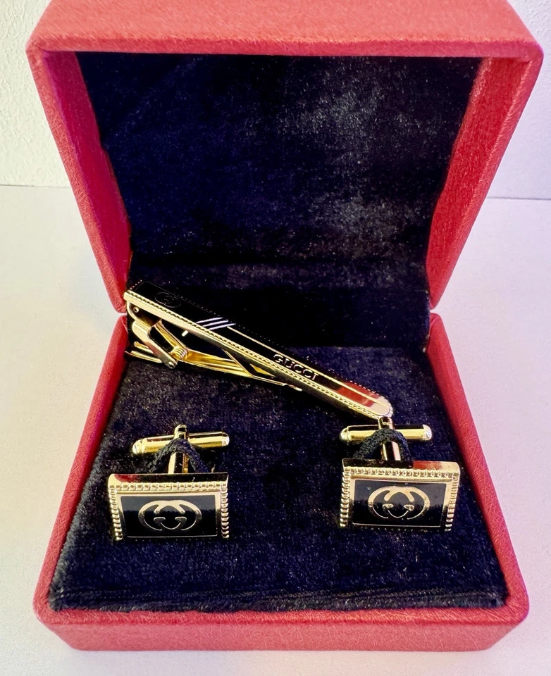 💝 Elegant Gucci Gold & Black Cufflinks & Tie Clip Set –Luxury Men’s Gift Box 💝 — 第 3/4 张图片