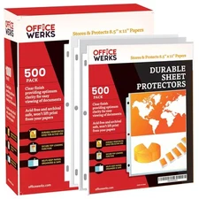 Officewerks 500 Sheet Protectors, 8.5X11 Inch Clear Page For 3 Ring Bi