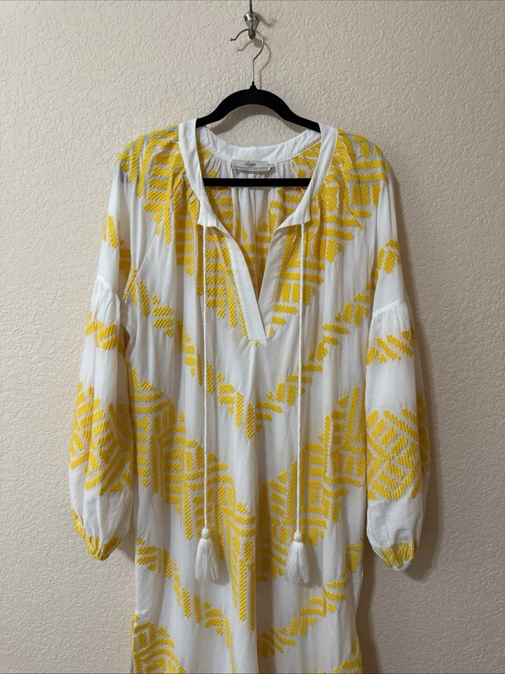 Maxi Vestido Túnica Devotion Twins Balos Bordada Amarillo Blanco Talla S De Gran Tamaño Foto 3 de 4