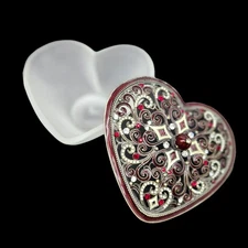 Patchi Trinket Candy Dish Heart Shaped Intricate Filigree Red White Jewels 