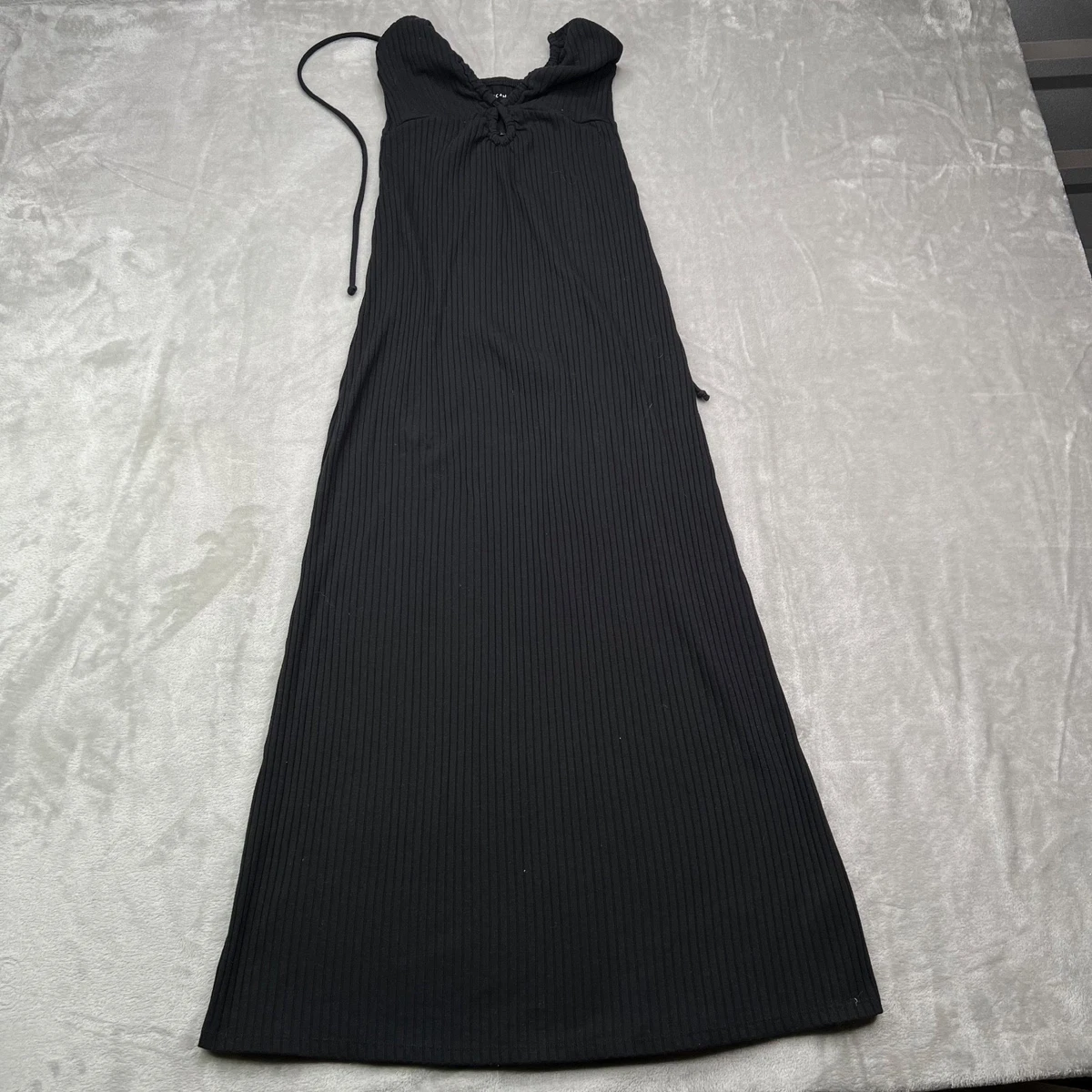 strapless open back dress Green Ribbed Midi Dress