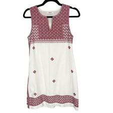 Madewell 0 White Red Stitch Mosaic Shift Dress Embroidered Sleeveless Split Neck