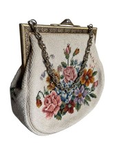 Vintage Floral Tapestry Embroidered Needlepoint Purse Gold Chain Metal Clasp Mid