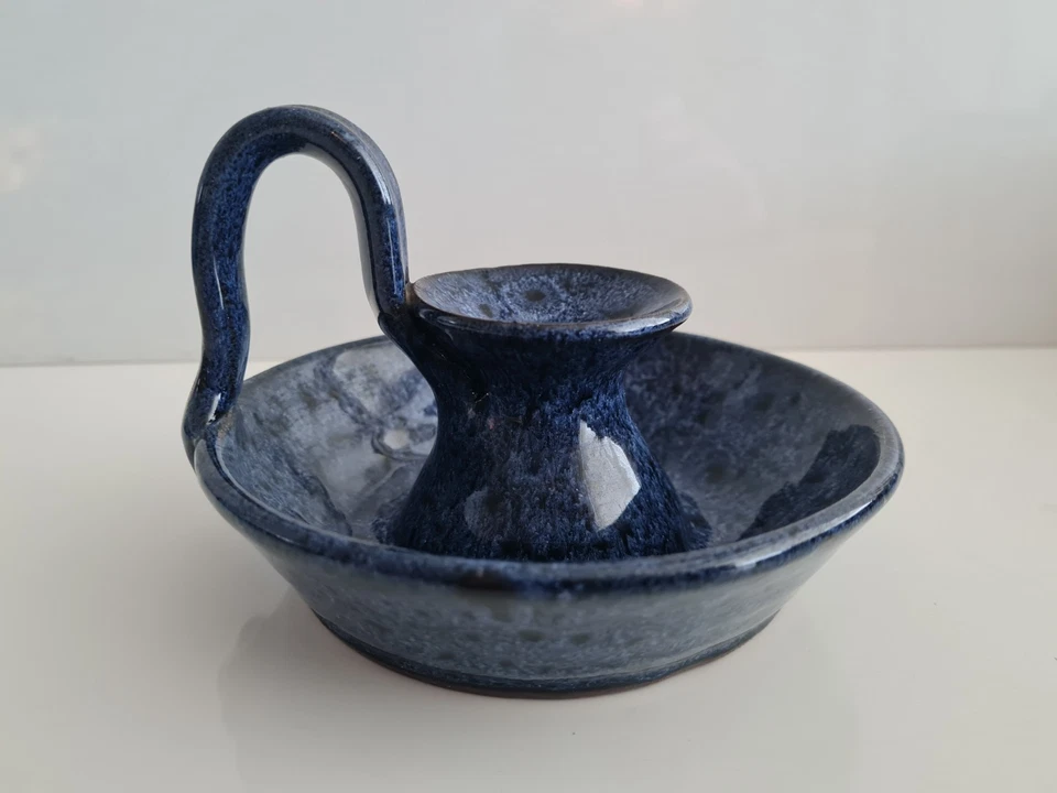 Vintage Whatstandwell Studio Pottery Candlestick Chamberstick Blue Candle Holder - Image 3 of 4
