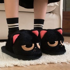 In Stock Cute Black Cat Winter Slippers Indoor Warm Plush Cartoon Shoes Unisex
