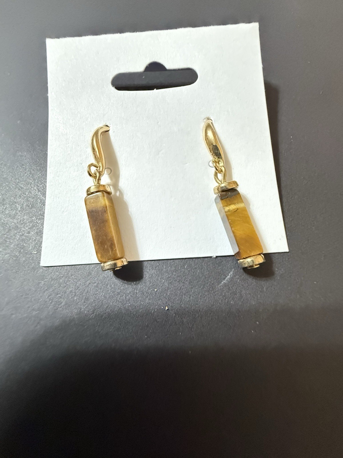 Tiger Eye Rectangle Drop Dangle Earrings Gold Tone - image 1