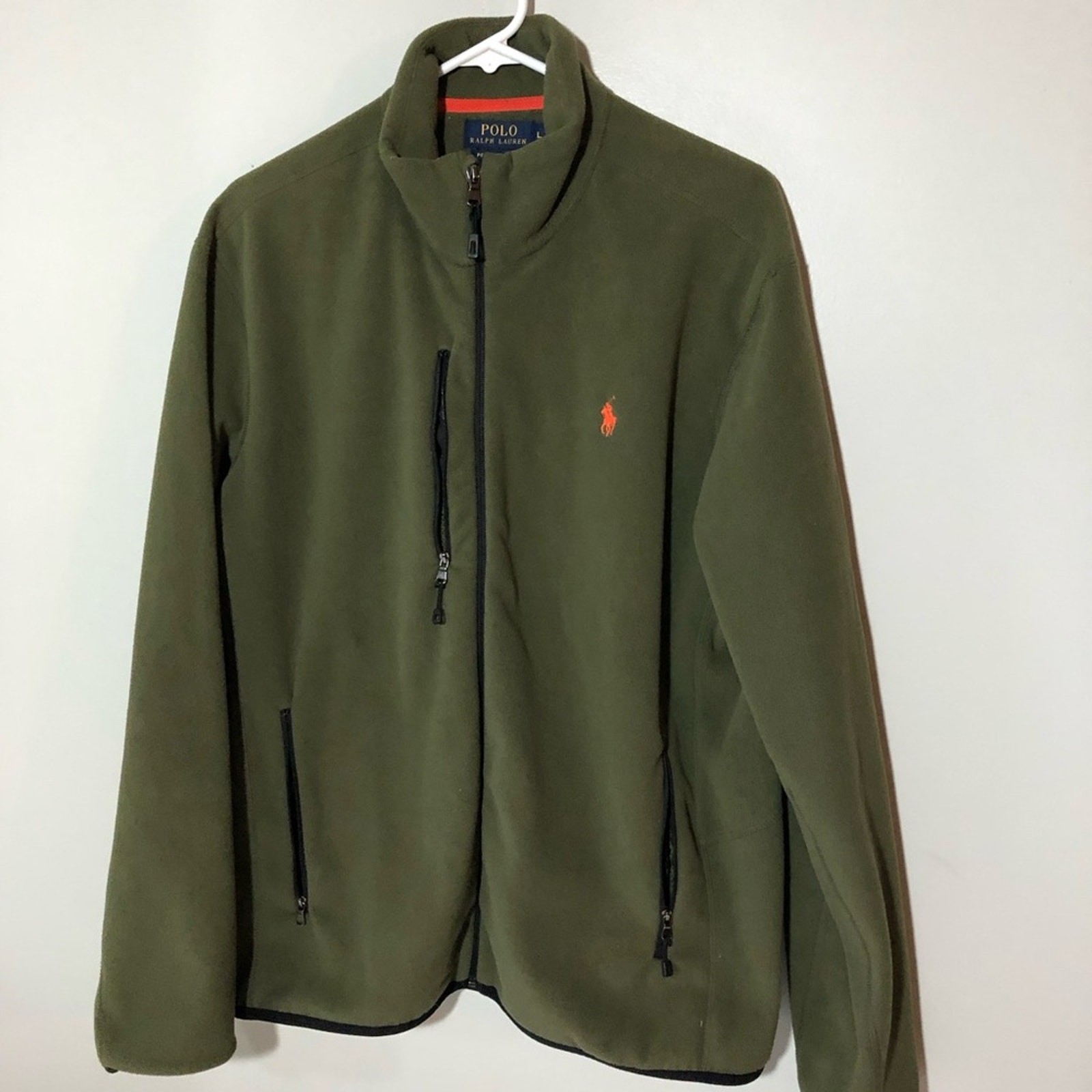 Polo Ralph Lauren uomo L verde oliva arancione pony performance pile full zip