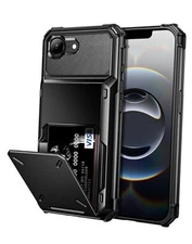  for iPhone 16e Case with Card Holder Dual Layer Heavy Duty Drop Black
