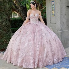 Pink Princess Quinceanera Dresses Shiny Lace Sequin Applique Ball Gowns Sweet 16