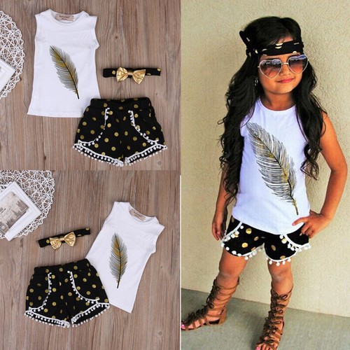 Toddler Kids Baby Girl Summer Clothes Feather Vest Top Shorts Headband Outfits