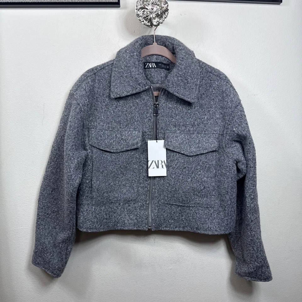 (T7) Zara Womens Crop Jacket, Sz S, Grey Gray Short Bouclé Zip NWT - Image 3 of 4
