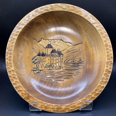 Rare Antique Swiss Brienz Wood Bowl Chillon Castle Carved Stag Mark Signed RA