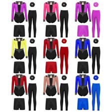 Girls Set Training Dancewear 4Pcs Outfit Sparkly Exercise Ballet Practice