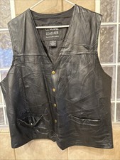 Vintage 90s Black Leather vest Biker Waistcoat Motorcycle Sleeveless XL Grunge