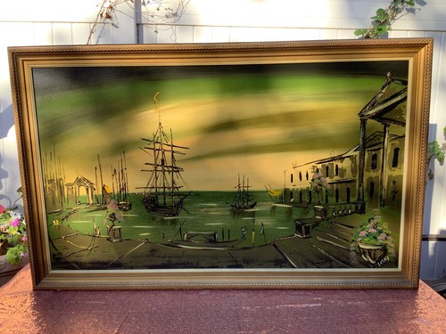 Letay Oil Painting Harbor Scene Sailboats Framed Vintage Mid Century Modern Art