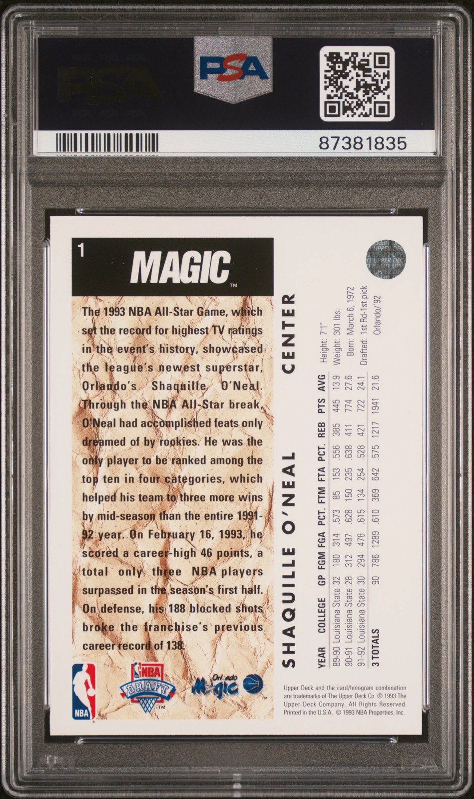 1992 Upper Deck Shaquille O'Neal 8 PSA #1 view 2