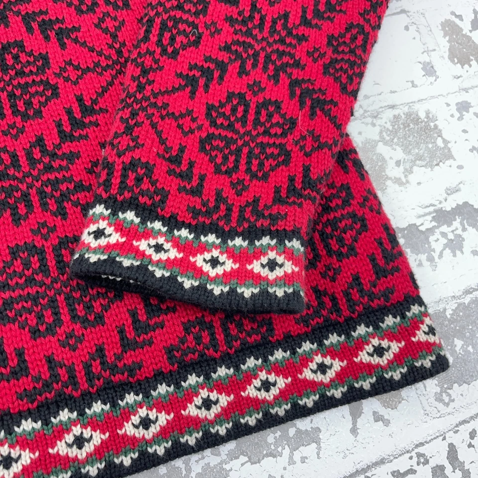 复古 LL 豆毛衣女式中号红色开衫北欧雪花奶奶 — 第 4/4 张图片