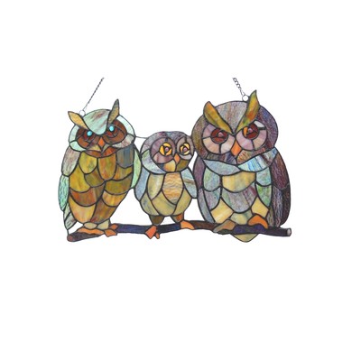 Stained Glass Tiffany Style Window Panel Family Of Owls   LAST ONE THIS PRICE