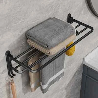 Porte-serviettes pliant en aluminium avec Crochet Support Mural Noir T1, 50cm - Photo 1/4
