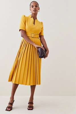 KAREN MILLEN STRUCTURED CREPE FOREVER PLEAT BELTED YELLOW MIDI