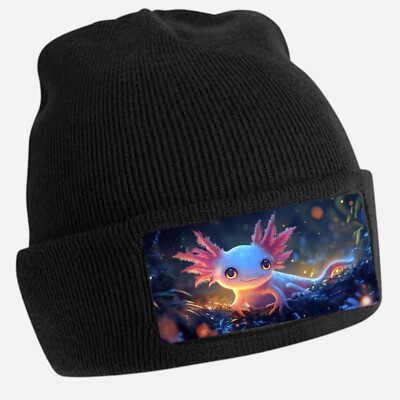 Black Beanie Hat with Cool Axolotl Motif - Unisex Cap, Cotton