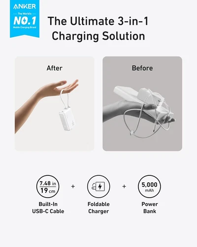 Anker 3-in-1 Power Bank 5000mAh 30W Max Wall Charger Built-in USB-C Cable|Refurb - Picture 2 of 6