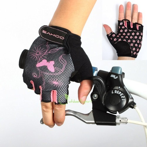 Vélo vélo cyclisme demi-doigt gants maille rose papillon fleur fille femmes - Photo 1 sur 4