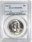 1963-D FRANKLIN Silver Half Dollar PCGS MS 64 FBL