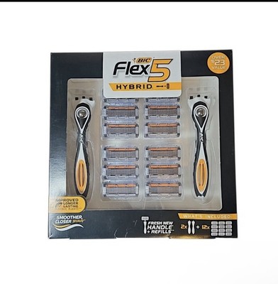 BIC Flex 5 Hybrid Refillable Razors for Men 2 Handle with 12 Cartridges