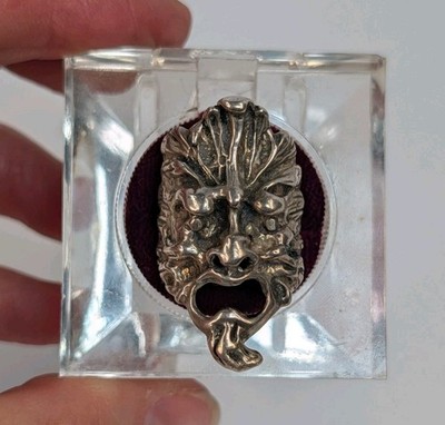 Unisex 60s Handmade Sterling Silver 999 Pagan Green Man Of The North Ring Sz 7