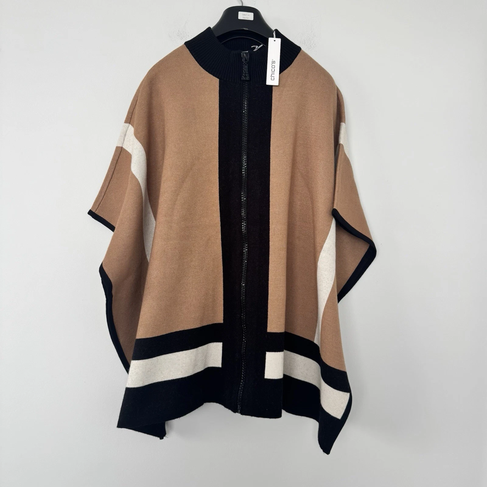 NWT Chico's Colorblock Sweater Cape Poncho Zip Front Camel Black Cream L/XL $139