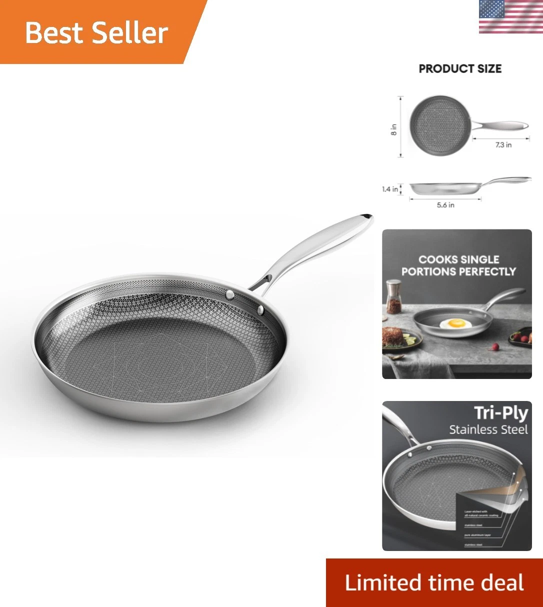 8-Inch Stainless Steel Pan, Hybrid Nonstick Frying Pan, Skillet, 3-Ply Clad C...