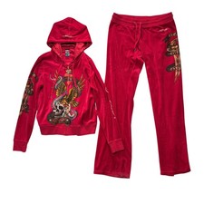 Ed Hardy Y2K Audiguier Tracksuit Set XL Red Velour Tattoo Skull Graphic RARE