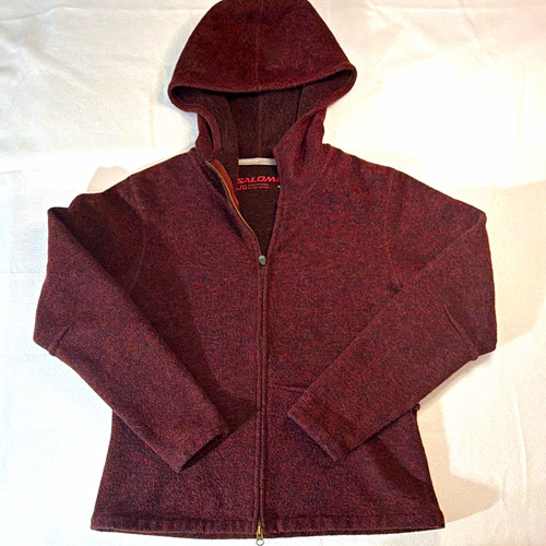 Salomon, Vintage Salomon Women’s Maroon Fleece Wool Blend Full Zip Hoodie L Logo Hooded
