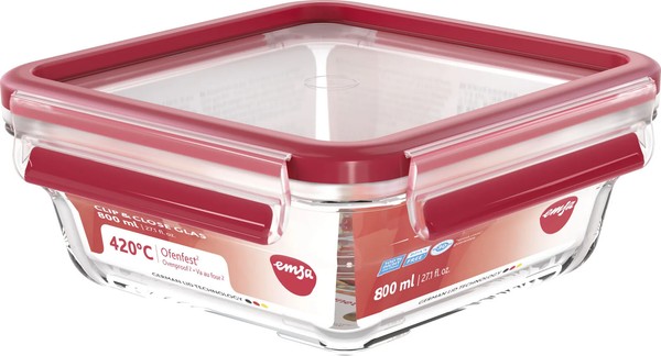 Emsa Frischhaltedose Glas 0,8L Quadratisch Rot Luftdicht Mikrowellenfest-image