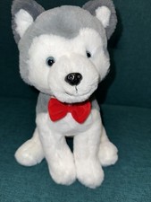 FAO Schwarz Siberian Husky Puppy Dog Plush with Red Bow Tie  Blue Eyes 12  MINT