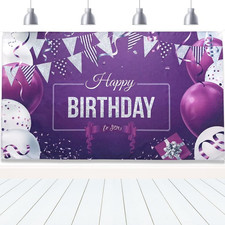 Happy Birthday Backdrop Banner Large Purple Silver and White Balloons Sign Poste