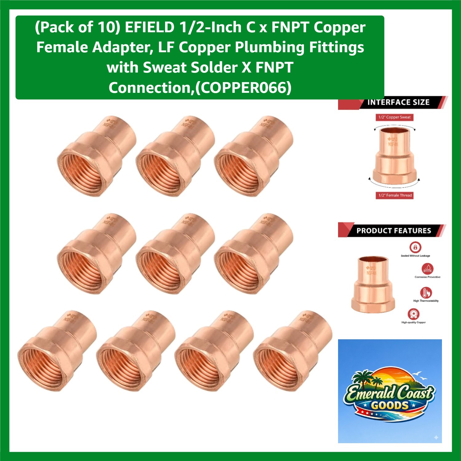10-Piece 1/2-Inch Sweat Solder Copper Female Adapter Set for Versatile Plumbing