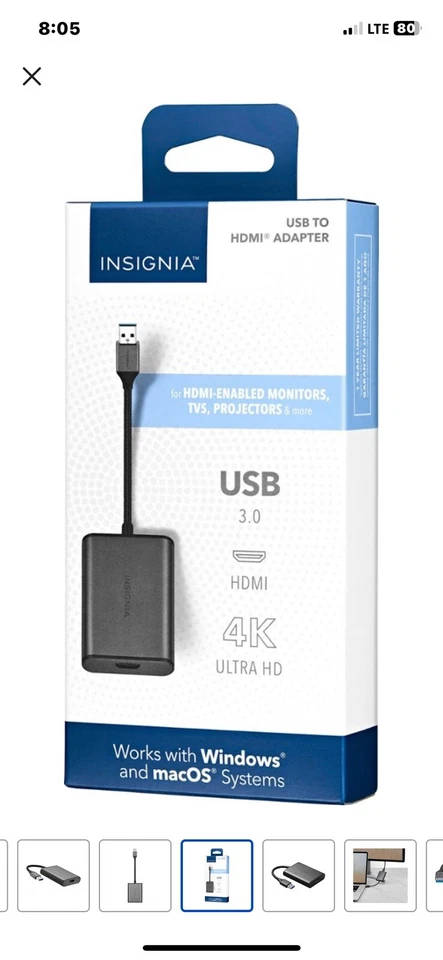 Insignia USB 3.0 to HDMI Adapter 4K Ultra HD For Windows PC Macbook Surface Pro - Image 3 of 4