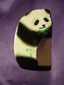 Vintage Chinese Wooden Comb Hand Painted Panda W/ Bamboo Design #1