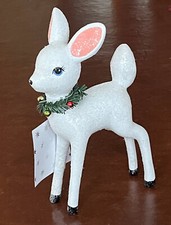 NWT 10" Retro Vintage Style White Glitter Deer Reindeer Figurine with Wreath