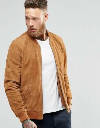 Authentic Men's Suede Tan Jacket Genuine Lambskin Slim Fit Bomber Coat Jacket