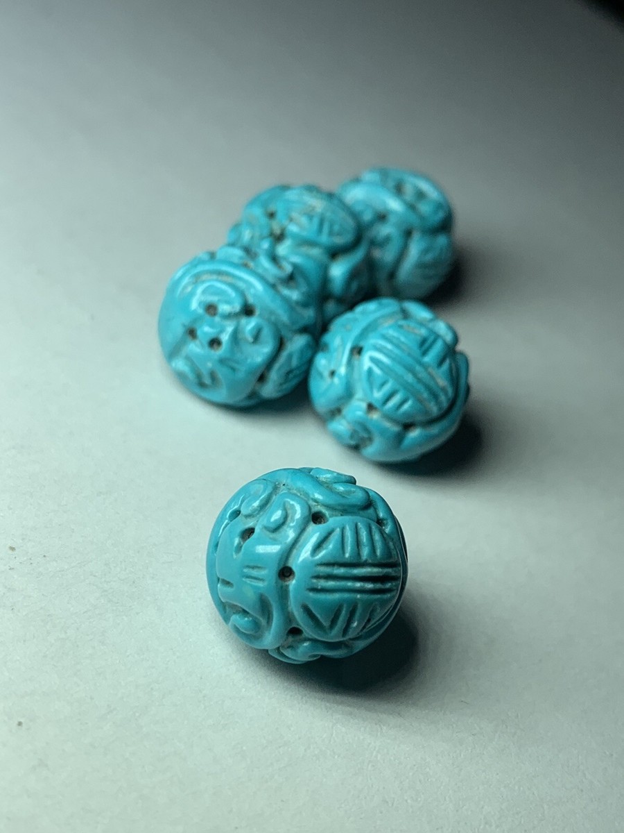 ONE Vintage Carved Chinese Bead Natural Old Turquoise 14mm ONE Vintage Carved Chinese Bead Natural Old Turquoise 14mm