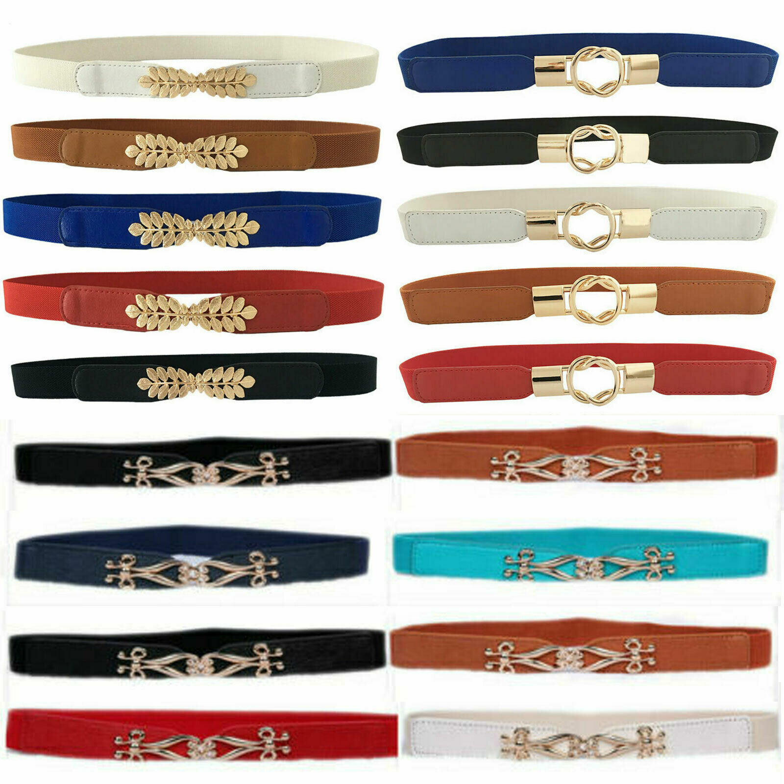 Women Ladies Stretch Waist Belt Buckle Elastic Belt Dress Narrow Thin Waistband