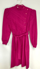 Vintage Womens Pink Balloon Sleeve Mock Neck Tie Waist Midi Dress Size Medium