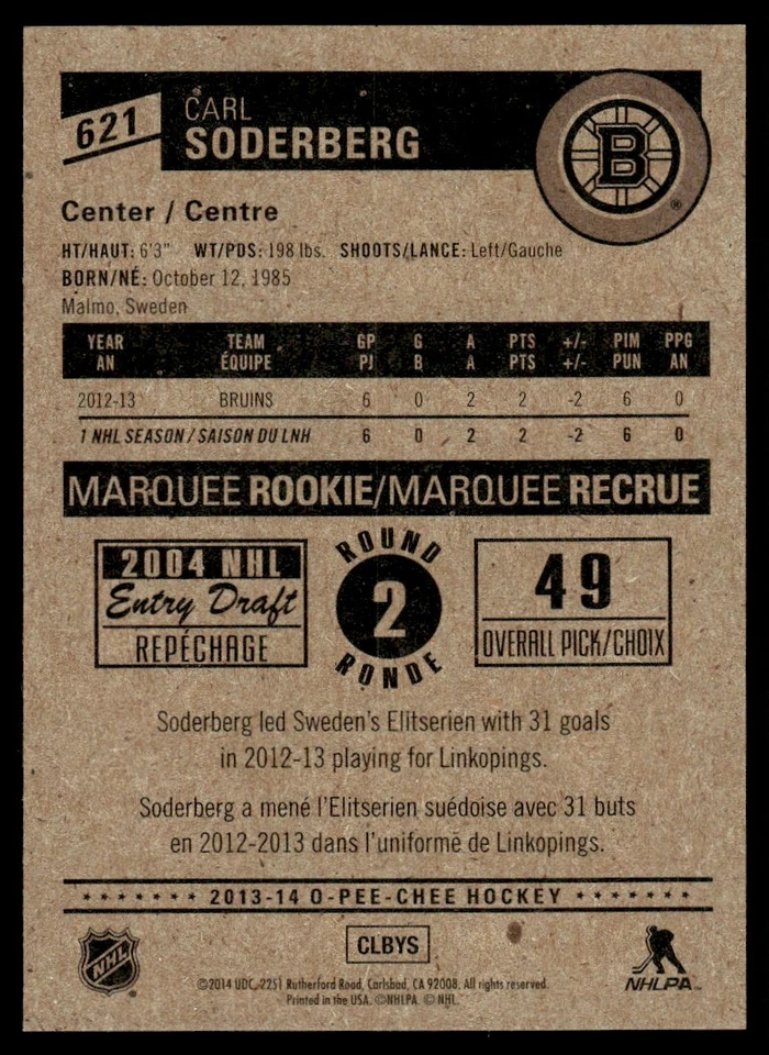 2013-14 O-Pee-Chee Update Carl Soderberg Rookie Boston Bruins #621 - Image 2 of 2