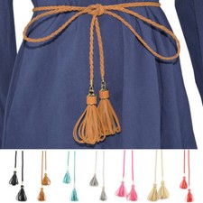 Women Belt Thin Braided Belt Faux Leather Tassel Dress Waist Belt