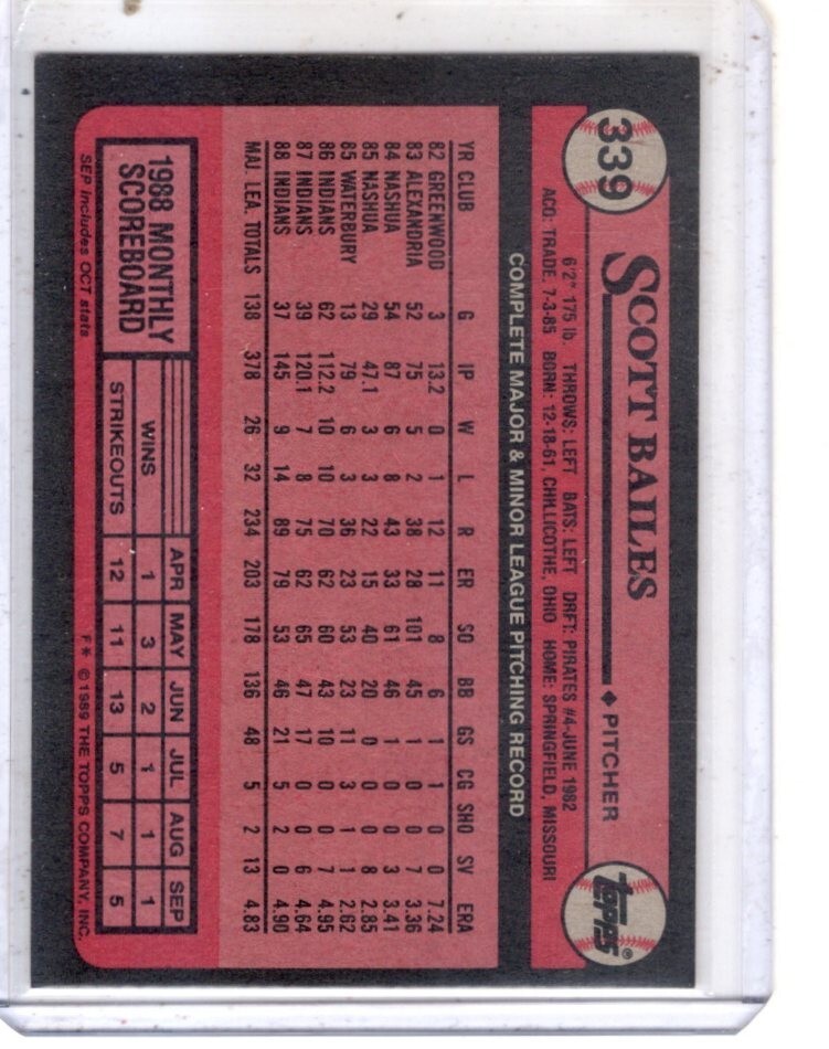 1989 Topps Baseball #339 Scott Bailes Cleveland Indians baseball